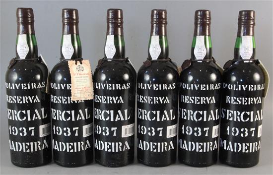 Six bottles of DOliveiras Reserva Sercial Madeira, 1937.